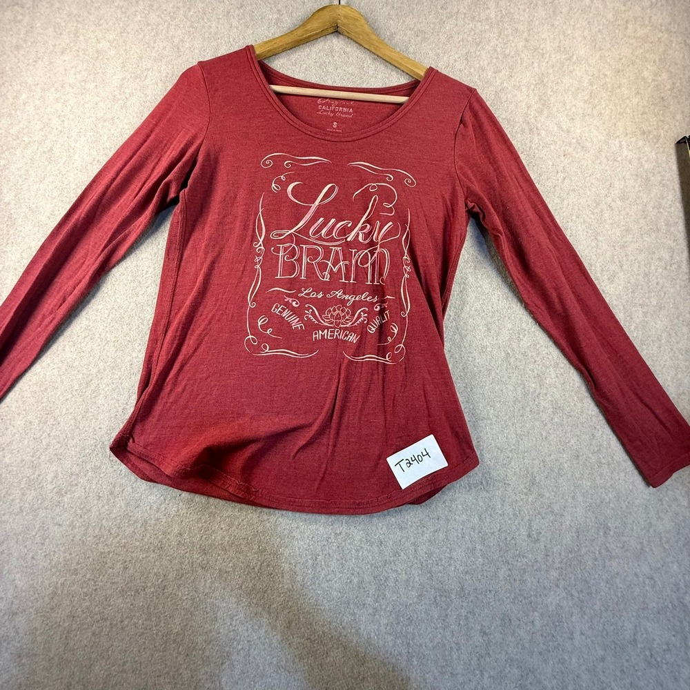 Lucky Brand Red Long Sleeve Graphic Logo Tee Shirt Womens Small